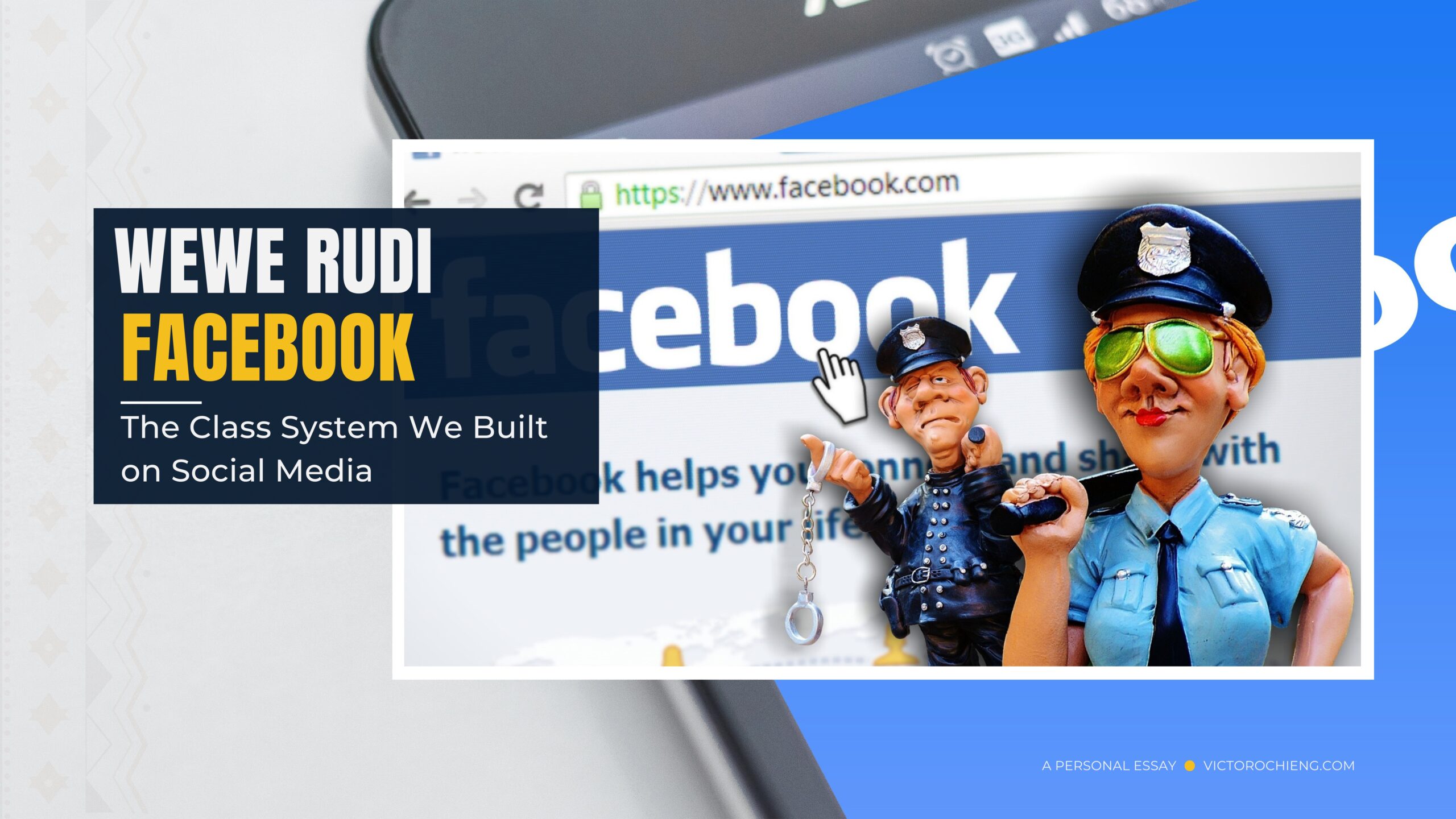 Facebook-themed illustration for “Wewe Rudi Facebook,” an essay about social class and culture.